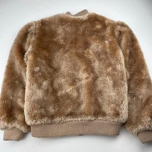 Girls lined, faux fur jacket (no labels), armpit to armpit: 41cm, shoulder to cuff: 52cm, GUC, size 10-12,  