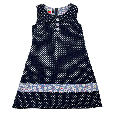 Girls Oobi, navy & white spot woven dress, GUC, size 6, L: 59cm