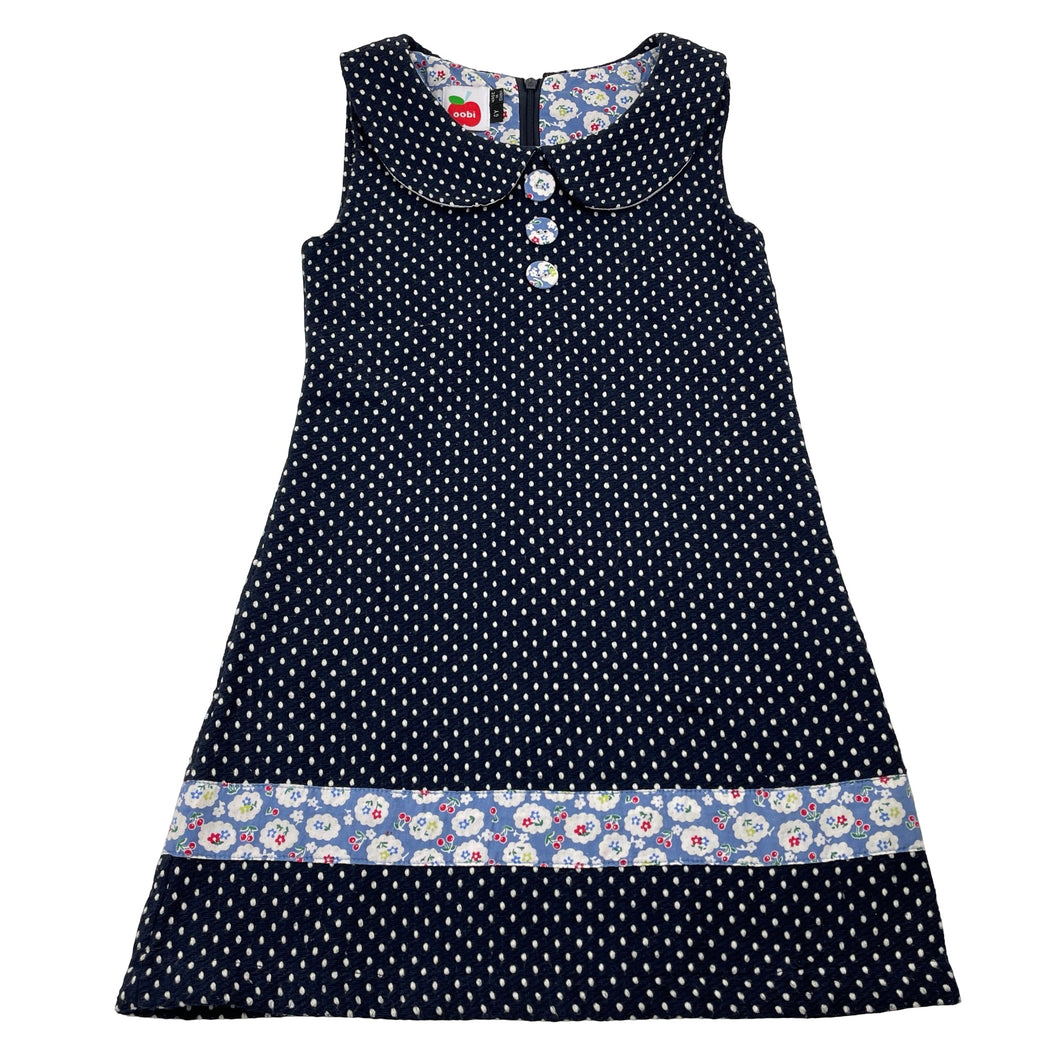 Girls Oobi, navy & white spot woven dress, GUC, size 6, L: 59cm