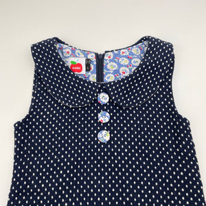 Girls Oobi, navy & white spot woven dress, GUC, size 6, L: 59cm