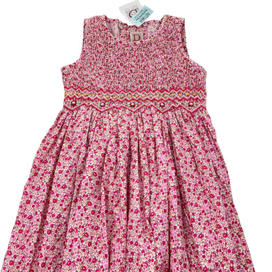 Girls D EMBROIDERY, hand smocked floral cotton dress, NEW, size 6, L: 73cm