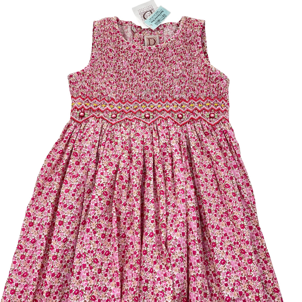 Girls D EMBROIDERY, hand smocked floral cotton dress, NEW, size 6, L: 73cm