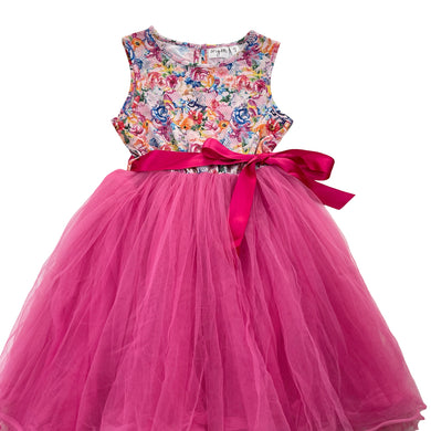 Girls Origami, tulle & floral party dress *small holes in tulle*, FUC, size 7, L: 62cm