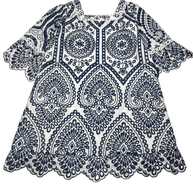 Girls Marlo, cotton-lined navy & white embroidered dress, GUC, size 9-10, L: 64cm