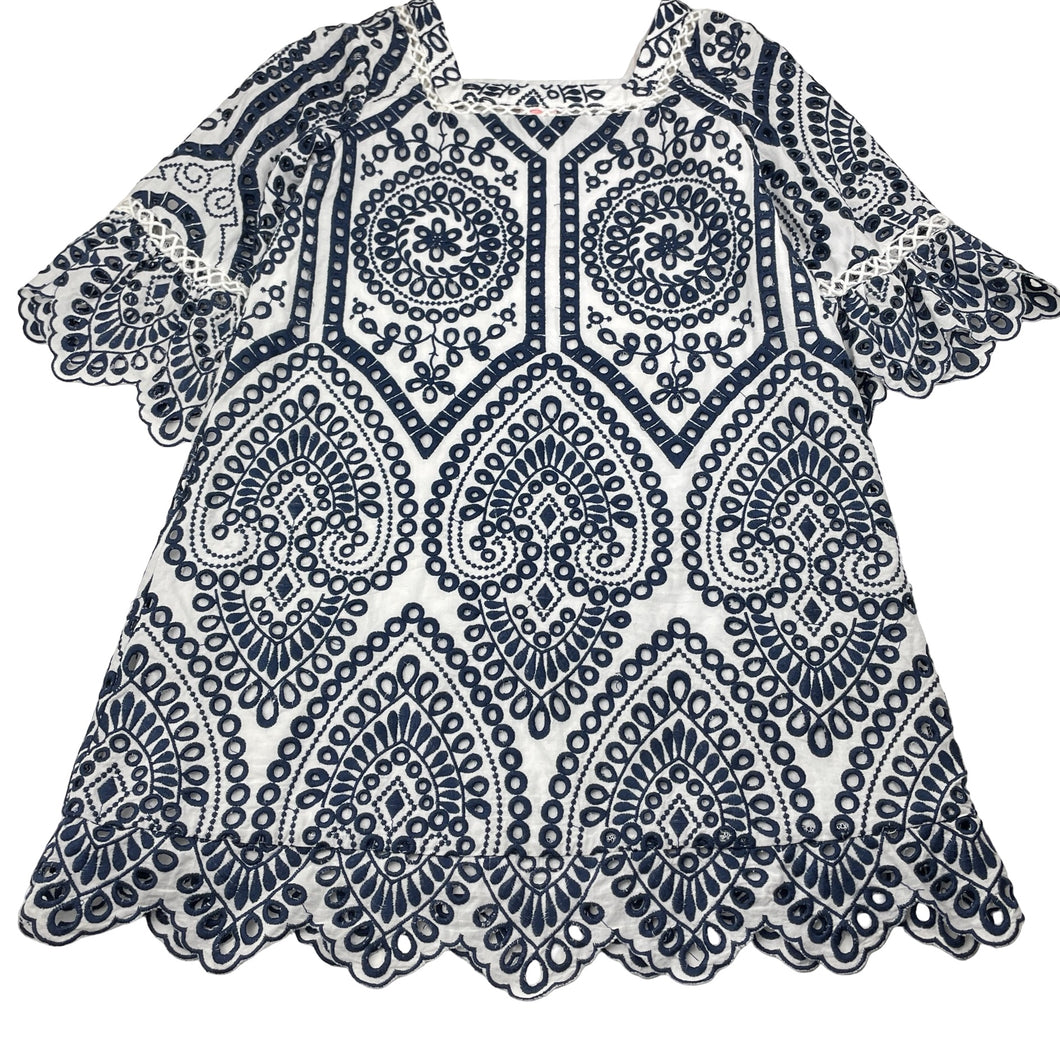 Girls Marlo, cotton-lined navy & white embroidered dress, GUC, size 9-10, L: 64cm