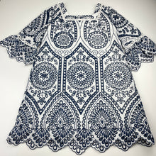 Load image into Gallery viewer, Girls Marlo, cotton-lined navy &amp; white embroidered dress, GUC, size 9-10, L: 64cm