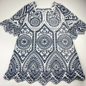 Girls Marlo, cotton-lined navy & white embroidered dress, GUC, size 9-10, L: 64cm