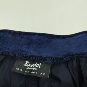 Girls Bardot Junior, lined navy velvet skirt, elasticated, L: 30cm, EUC, size 6,  