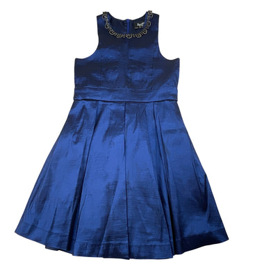 Girls Bardot Junior, lined, embellished metallic blue party dress, EUC, size 6, L: 62cm
