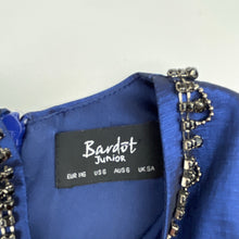 Load image into Gallery viewer, Girls Bardot Junior, lined, embellished metallic blue party dress, EUC, size 6, L: 62cm