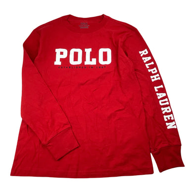 Unisex POLO RALPH LAUREN, red cotton long sleeve top, armpit to armpit: 38cm, shoulder to cuff: 46cm, EUC, size 8-9,  