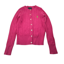 Load image into Gallery viewer, Girls POLO RALPH LAUREN, pink cotton cable knit cardigan (marks back left sleeve), FUC, size 6-7,  