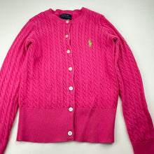 Load image into Gallery viewer, Girls POLO RALPH LAUREN, pink cotton cable knit cardigan (marks back left sleeve), FUC, size 6-7,  