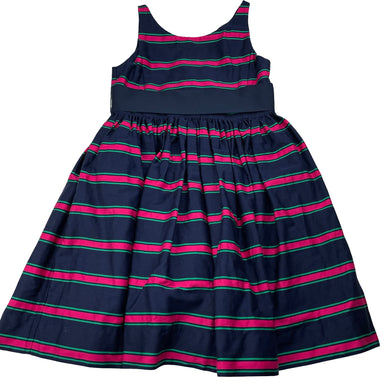 Girls RALPH LAUREN, lined, navy, pink & green stripe cotton dress, EUC, size 6, L: 65cm