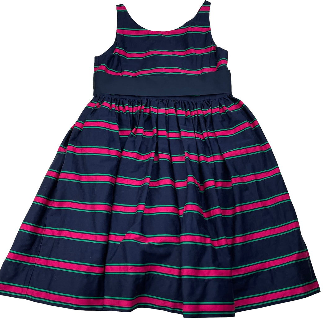 Girls RALPH LAUREN, lined, navy, pink & green stripe cotton dress, EUC, size 6, L: 65cm