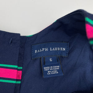 Girls RALPH LAUREN, lined, navy, pink & green stripe cotton dress, EUC, size 6, L: 65cm