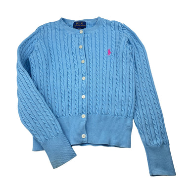 Girls POLO RALPH LAUREN, blue cotton cable knit cardigan (marks on cuffs), FUC, size 7,  