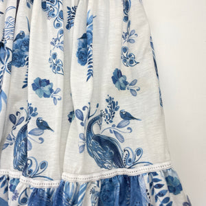 Girls Zara, lightweight dress, peacocks (light marks on skirt), FUC, size 7, L: 68cm