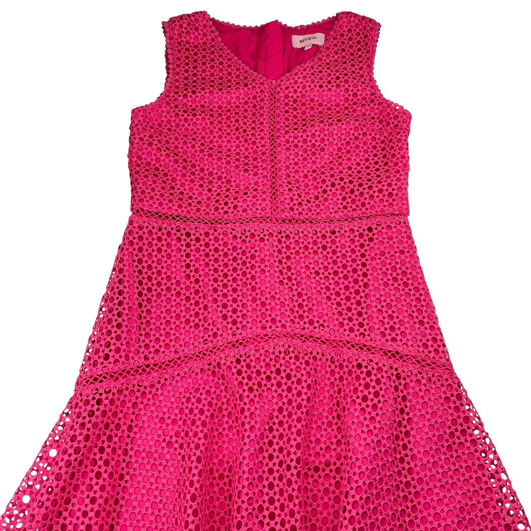 Girls REVIEW, lined pink lace party / formal dress, EUC, size 12, L: 77cm