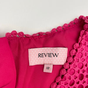 Girls REVIEW, lined pink lace party / formal dress, EUC, size 12, L: 77cm