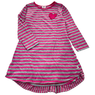 Girls Hootkid, pink & grey stripe long sleeve dress, EUC, size 7, L: 56cm