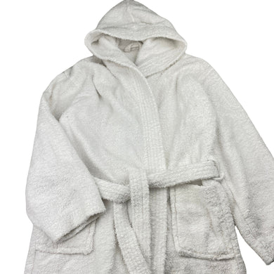 Girls white, towelling dressing gown / bath robe (no labels), shoulder to cuff: 42cm, EUC, size 7-8,  