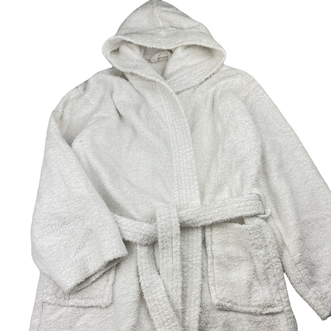 Girls white, towelling dressing gown / bath robe (no labels), shoulder to cuff: 42cm, EUC, size 7-8,  