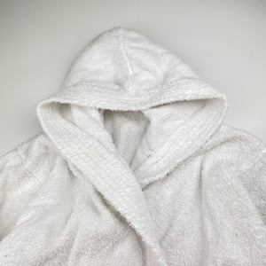Girls white, towelling dressing gown / bath robe (no labels), shoulder to cuff: 42cm, EUC, size 7-8,  