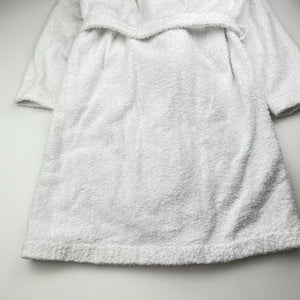 Girls white, towelling dressing gown / bath robe (no labels), shoulder to cuff: 42cm, EUC, size 7-8,  