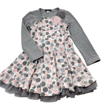 Load image into Gallery viewer, Girls Kate Mack, grey &amp; pink spot long sleeve party dress, EUC, size 5, L: 52cm