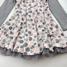 Load image into Gallery viewer, Girls Kate Mack, grey &amp; pink spot long sleeve party dress, EUC, size 5, L: 52cm