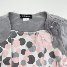 Load image into Gallery viewer, Girls Kate Mack, grey &amp; pink spot long sleeve party dress, EUC, size 5, L: 52cm