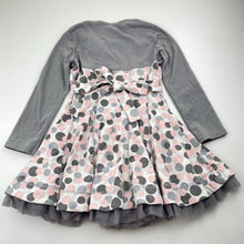Load image into Gallery viewer, Girls Kate Mack, grey &amp; pink spot long sleeve party dress, EUC, size 5, L: 52cm