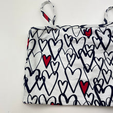 Load image into Gallery viewer, Girls Kate Mack, white &amp; navy swim top, hearts, EUC, size 5,  