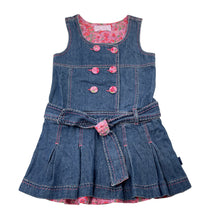 Load image into Gallery viewer, Girls Pumpkin Patch, denim dress, floral trim (loose stitches on back), FUC, size 4, L: 54cm