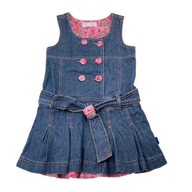 Girls Pumpkin Patch, denim dress, floral trim (loose stitches on back), FUC, size 4, L: 54cm