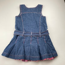 Load image into Gallery viewer, Girls Pumpkin Patch, denim dress, floral trim (loose stitches on back), FUC, size 4, L: 54cm