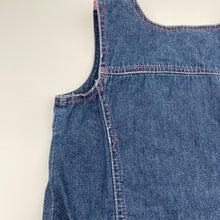 Load image into Gallery viewer, Girls Pumpkin Patch, denim dress, floral trim (loose stitches on back), FUC, size 4, L: 54cm