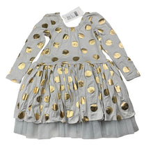 Load image into Gallery viewer, Girls Seed, cotton lined grey &amp; gold party dress, NEW, size 4, L: 50cm