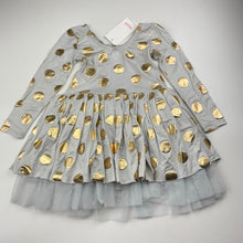 Load image into Gallery viewer, Girls Seed, cotton lined grey &amp; gold party dress, NEW, size 4, L: 50cm