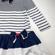 Load image into Gallery viewer, Girls Biscotti, navy &amp; white stripe party dress (light mark back right cuff), FUC, size 5, L: 58cm