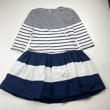 Load image into Gallery viewer, Girls Biscotti, navy &amp; white stripe party dress (light mark back right cuff), FUC, size 5, L: 58cm
