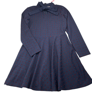 Girls Little Leona, navy & red spot long sleeve dress, NEW, size 8, L: 66cm