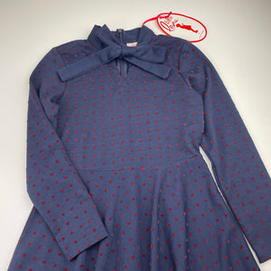 Girls Little Leona, navy & red spot long sleeve dress, NEW, size 8, L: 66cm
