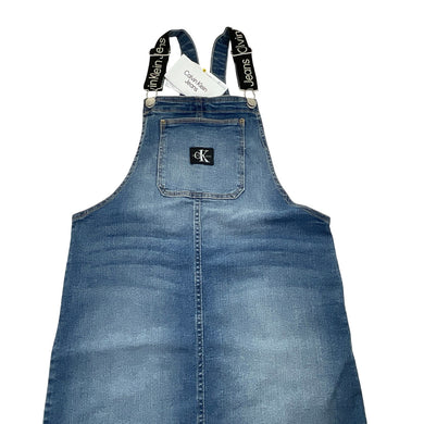 Girls Calvin Klein Jeans, stretchy denim overalls dress / pinafore, NEW, size 8-10, L: 73cm