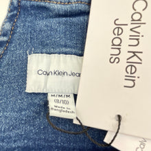 Load image into Gallery viewer, Girls Calvin Klein Jeans, stretchy denim overalls dress / pinafore, NEW, size 8-10, L: 73cm