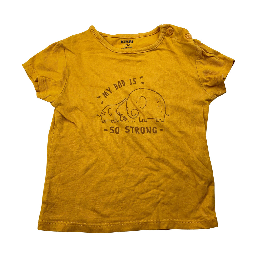 Unisex KIABI, yellow cotton tee / top, elephants, GUC, size 0-1,  