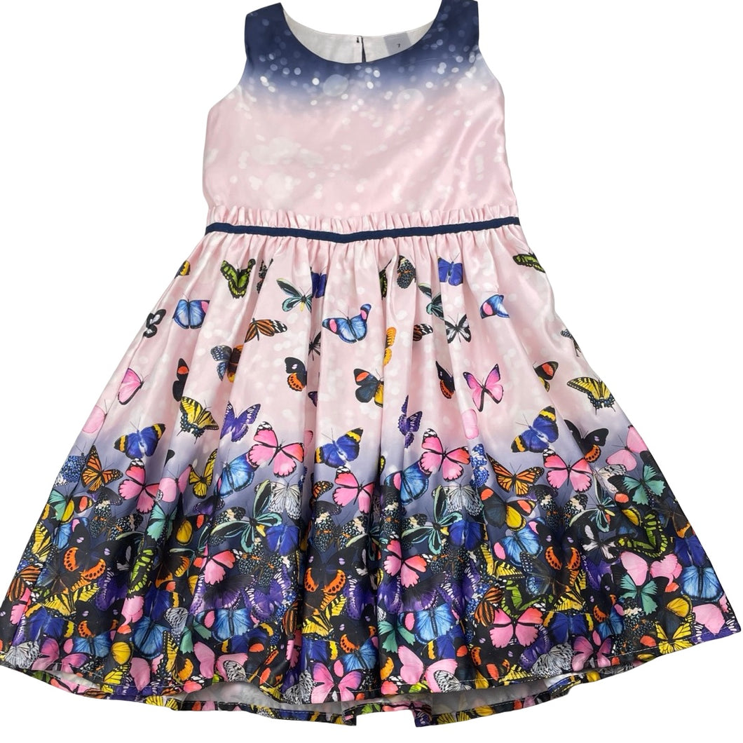 Girls Target, lined party dress, butterflies, FUC, size 7, L: 67cm
