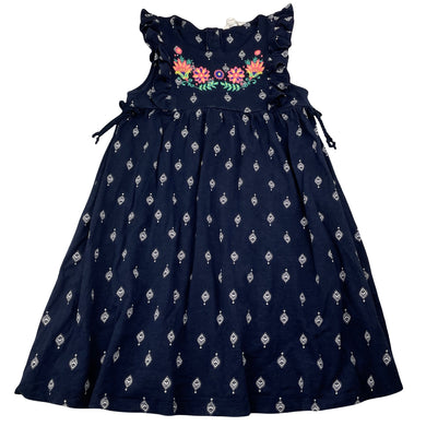 Girls Milkshake, embroidered navy cotton dress, FUC, size 7, L: 64cm