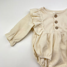 Load image into Gallery viewer, Girls cream, corduroy ruffle romper, GUC, size 00,  